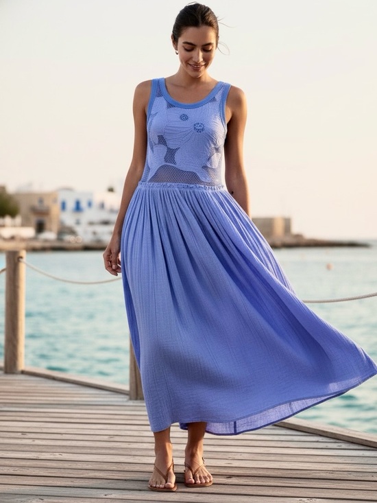 Free People Dresses & Skirts - Free People Pearl Floral Maxi Dress Periwinkle Blue Cotton Crochet Knit Sz Small